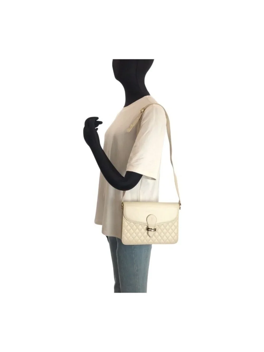 Saint Laurent YSL Quilted White Gold Leather Shoulder
